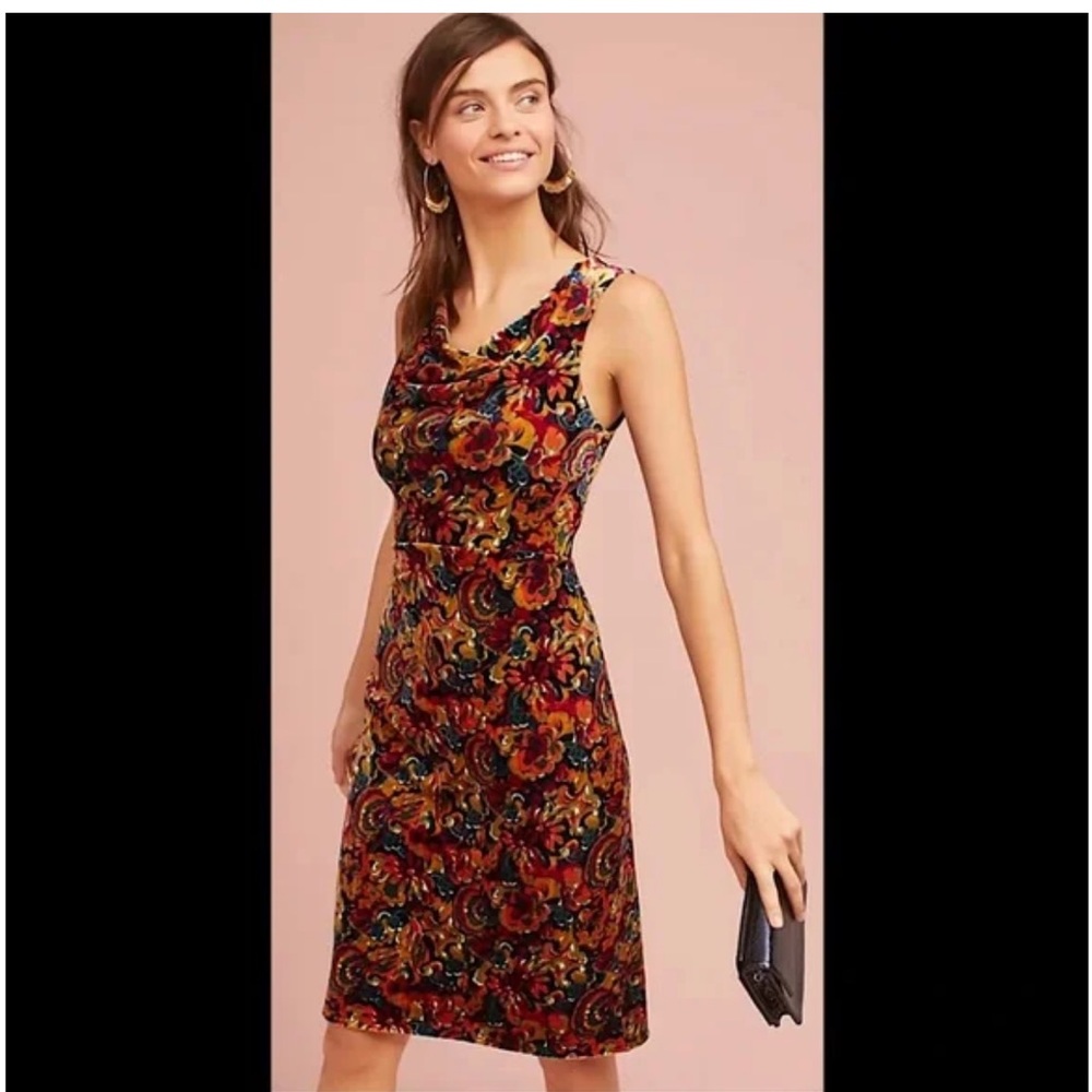 ANTHROPOLOGIE Moulinette Soeurs Floral Velvet Column Dress Fall Large Petite New